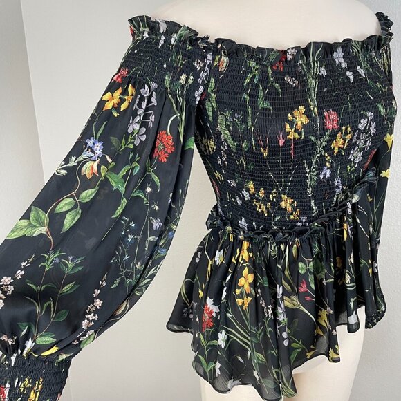 Alexis Womens Small Floral Smocked Off The Shoulder Blouse Peplum Shirt Top - Picture 4 of 11